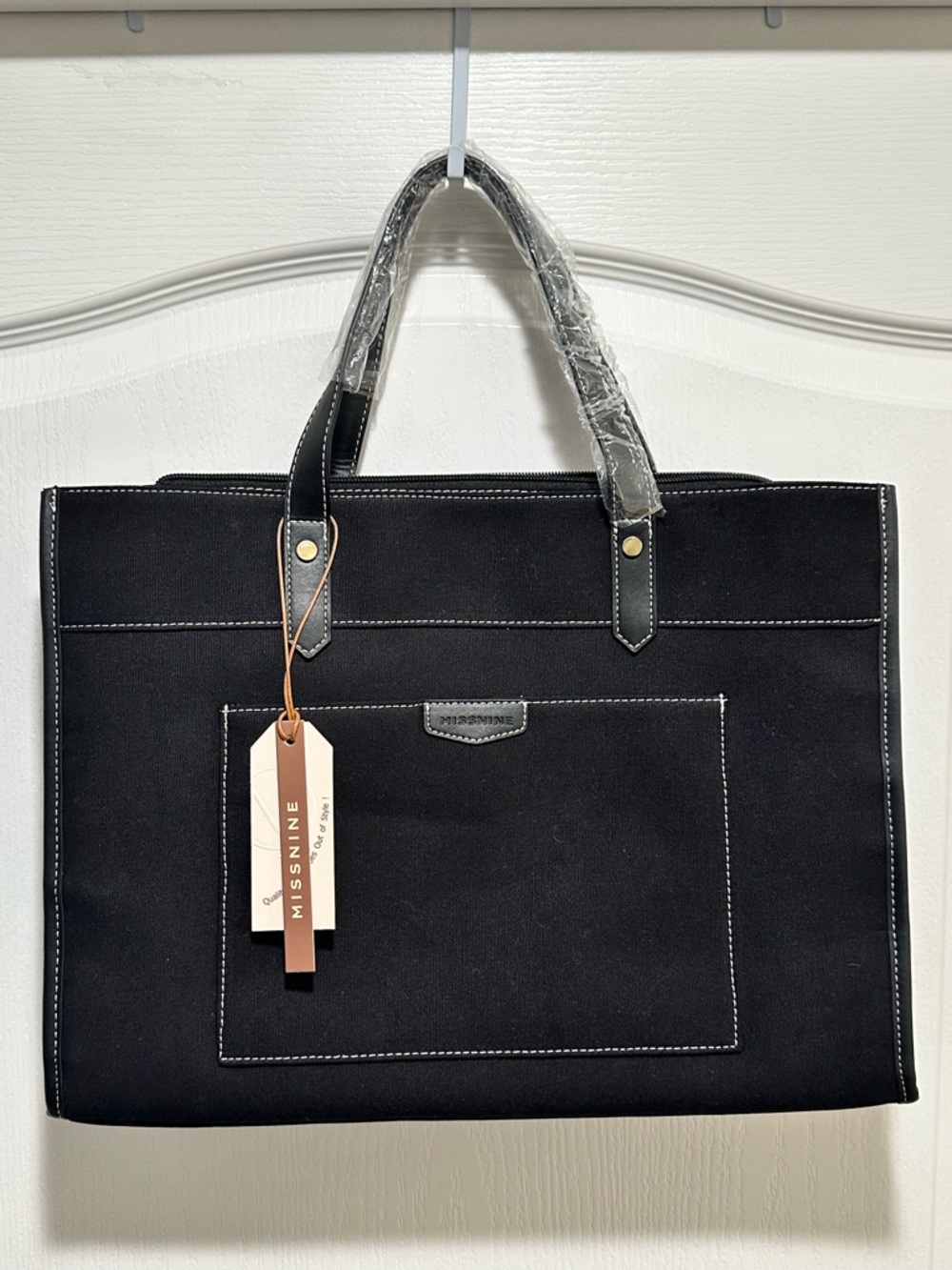 Missnine Black Laptop Canvas Tote Bag with Shoulder Strap - NWT